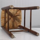Vintage straw stool in the style of Charlotte Perriand, 1970s.