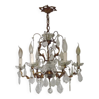 French Art Nouveau Acanthus 6-Light Bronze Glass & Crystal Cage Chandelier
