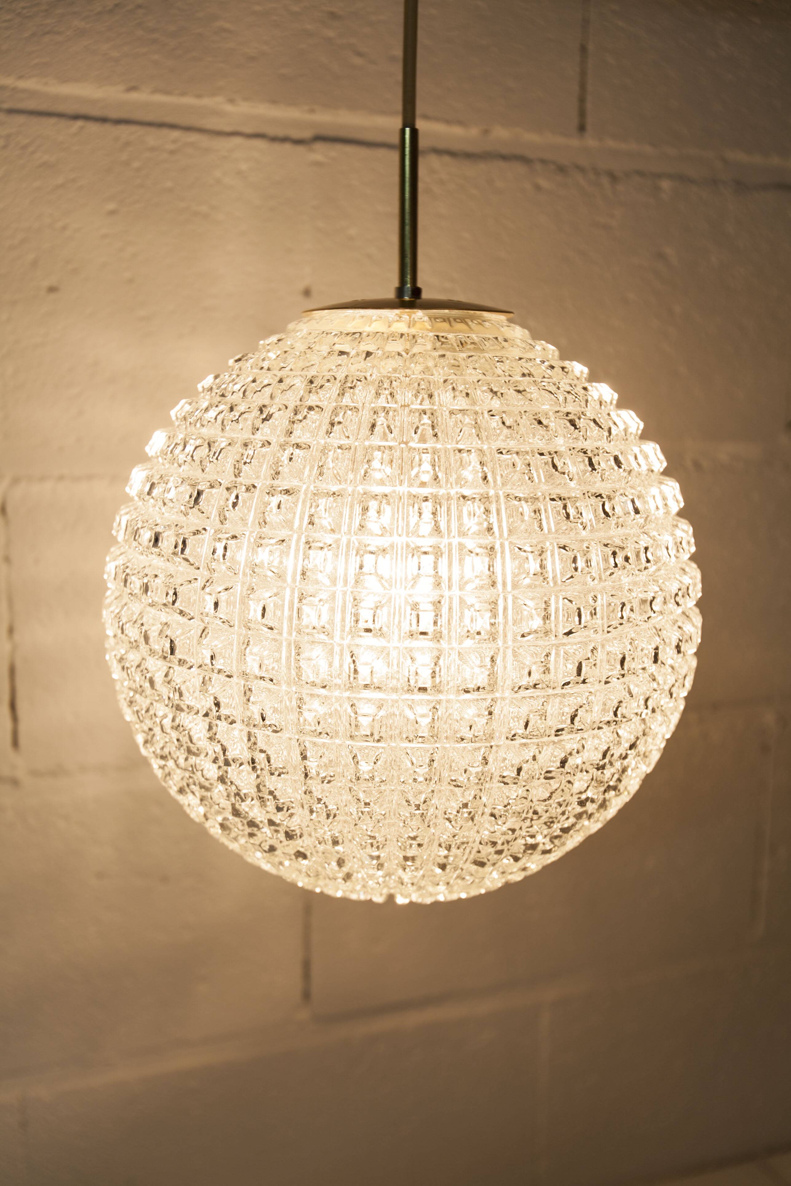 1960s Holophane Ball Pendant Chandelier, Thick Glass, 30 cm, and Vintage Brass