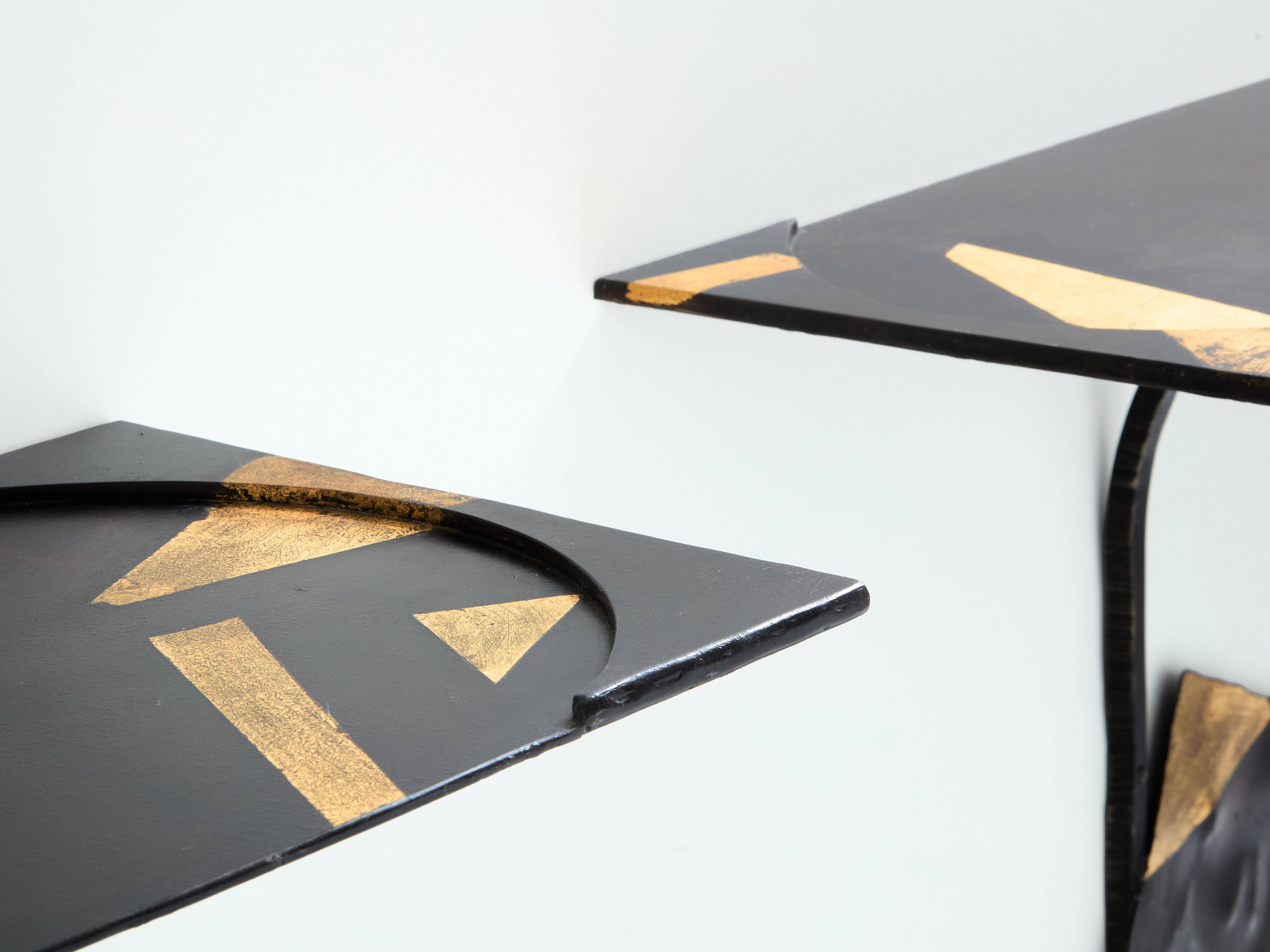 Pair of brutalist wrought iron consoles by Argueyrolles 1990