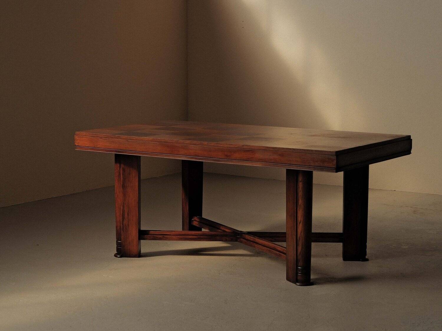 Modernist oak table with a checkerboard top, France, circa 1940.