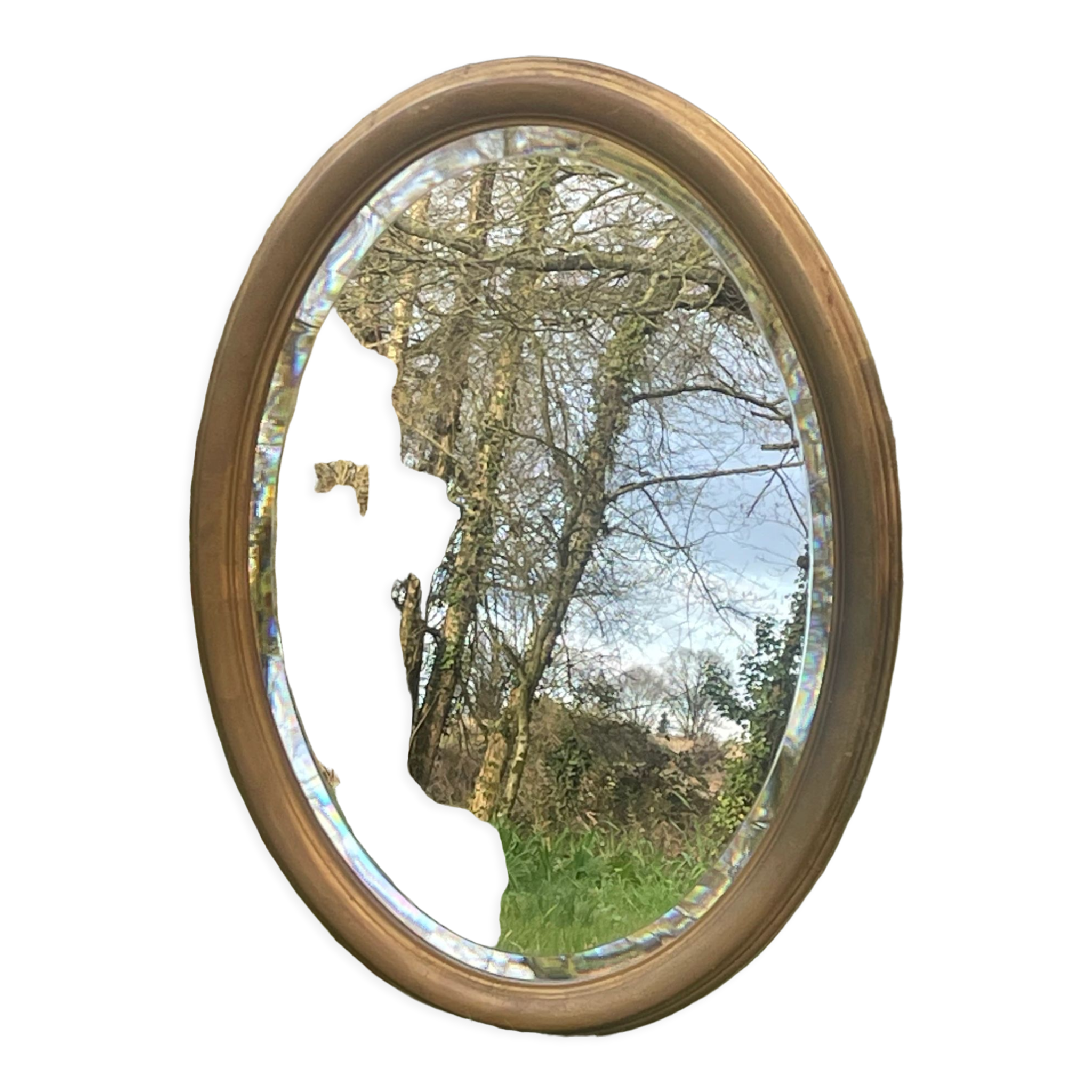Bevelled golden oval mirror, 79 x 59 cm