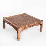 Vintage rattan and cane coffee table. France, 1970s
