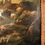 Trumeau orné d’une huile sur toile représentant un paysage animé, début XIXe