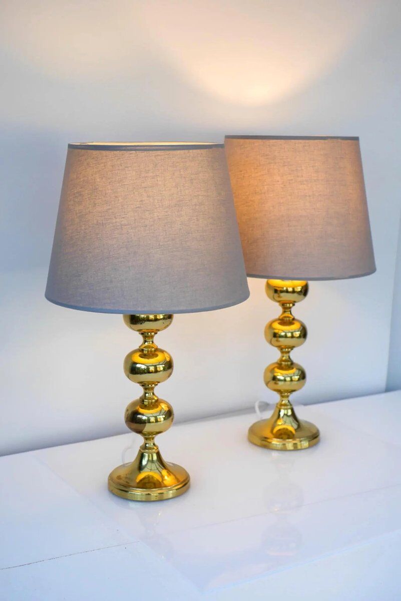 Scandinavian modern space age brass table lamps from Nafa, Sweden, 1970s, set of 2