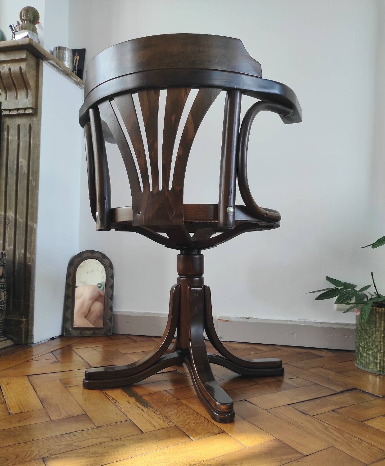 Vintage swivel office chair with curved wood and caning (Thonet style)