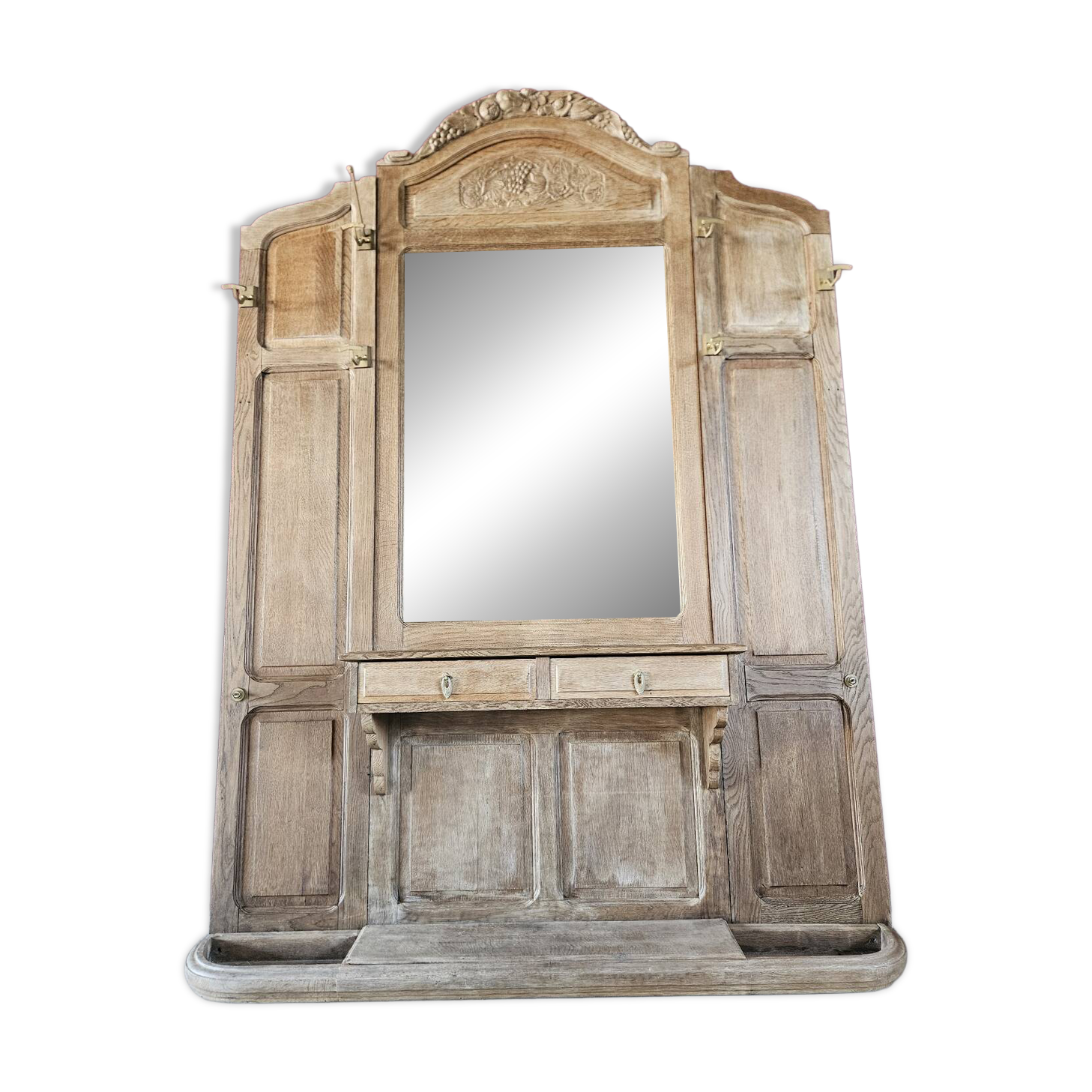 Vestiaire d'entrée ancien en chêne massif. Miroir. Début XXème.