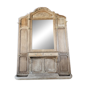 Antique oak entrance hall wardrobe. Mirror. Early 20th century.
