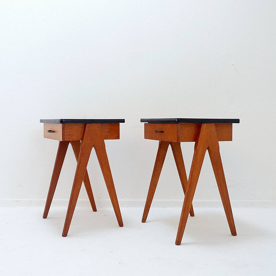 Pair of vintage compass legs bedside tables - circa 1960