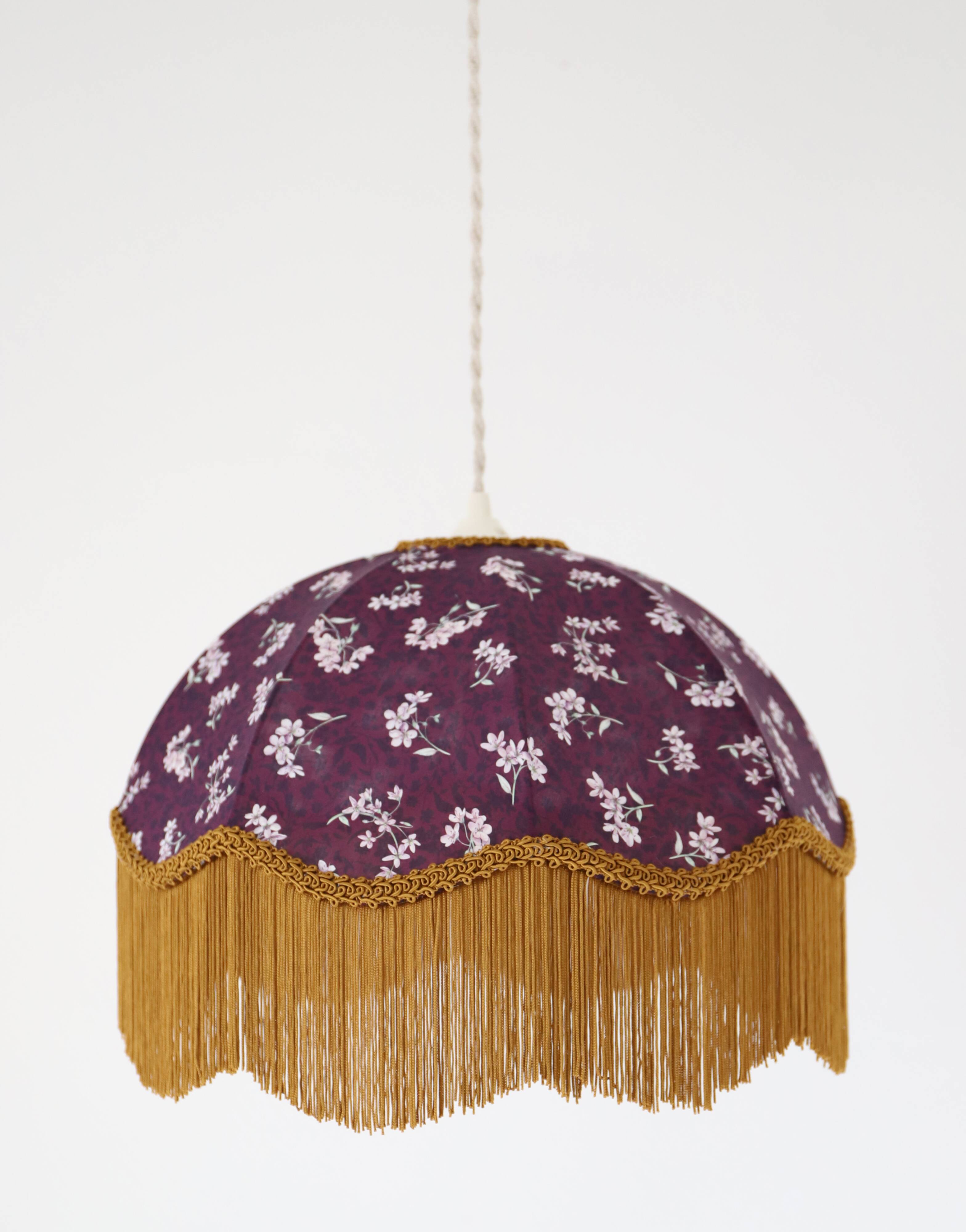 60s-70s pendant light, liberty print umbrella with fringes