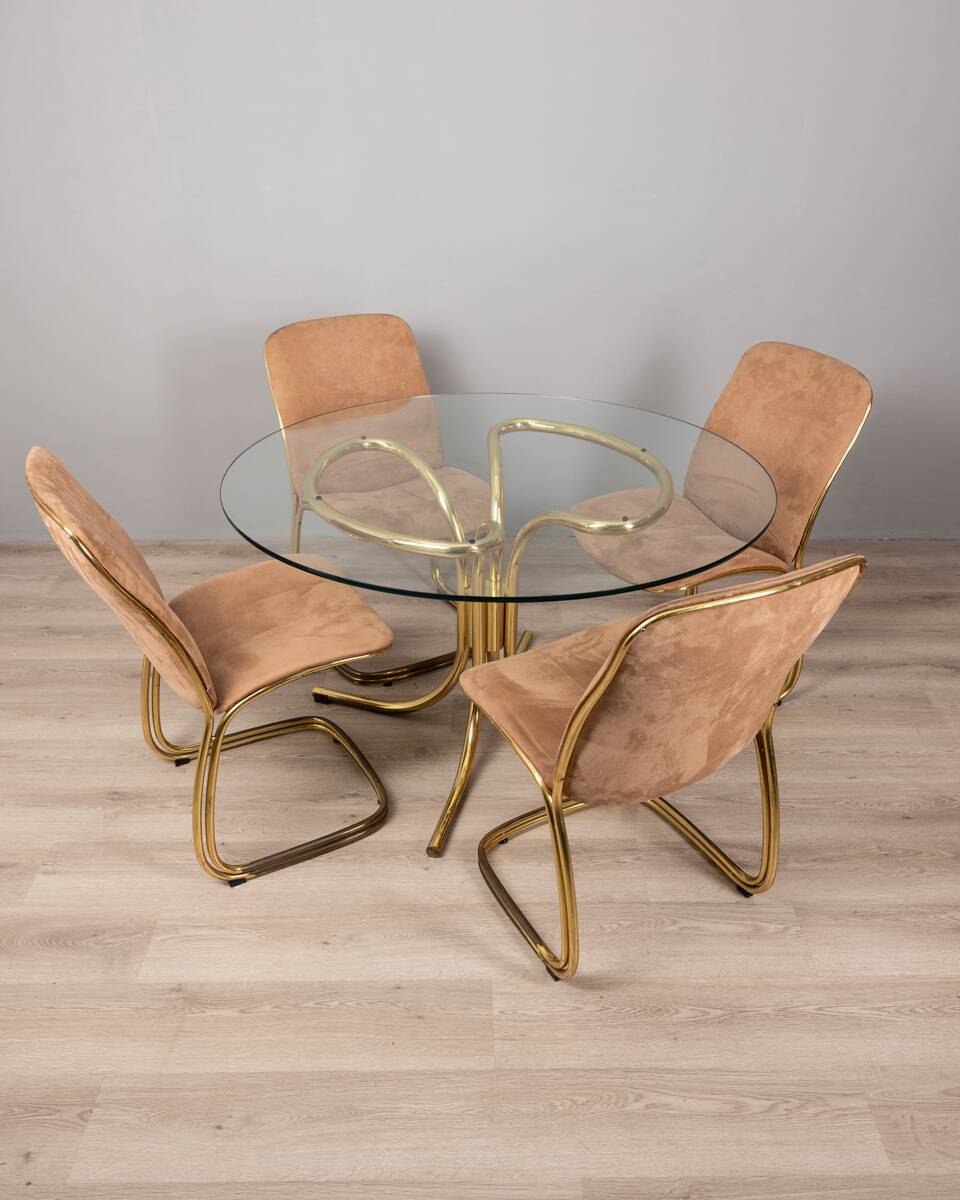 Ensemble de 4 chaises et table vintage années 70 en métal doré design gastone rinaldi
