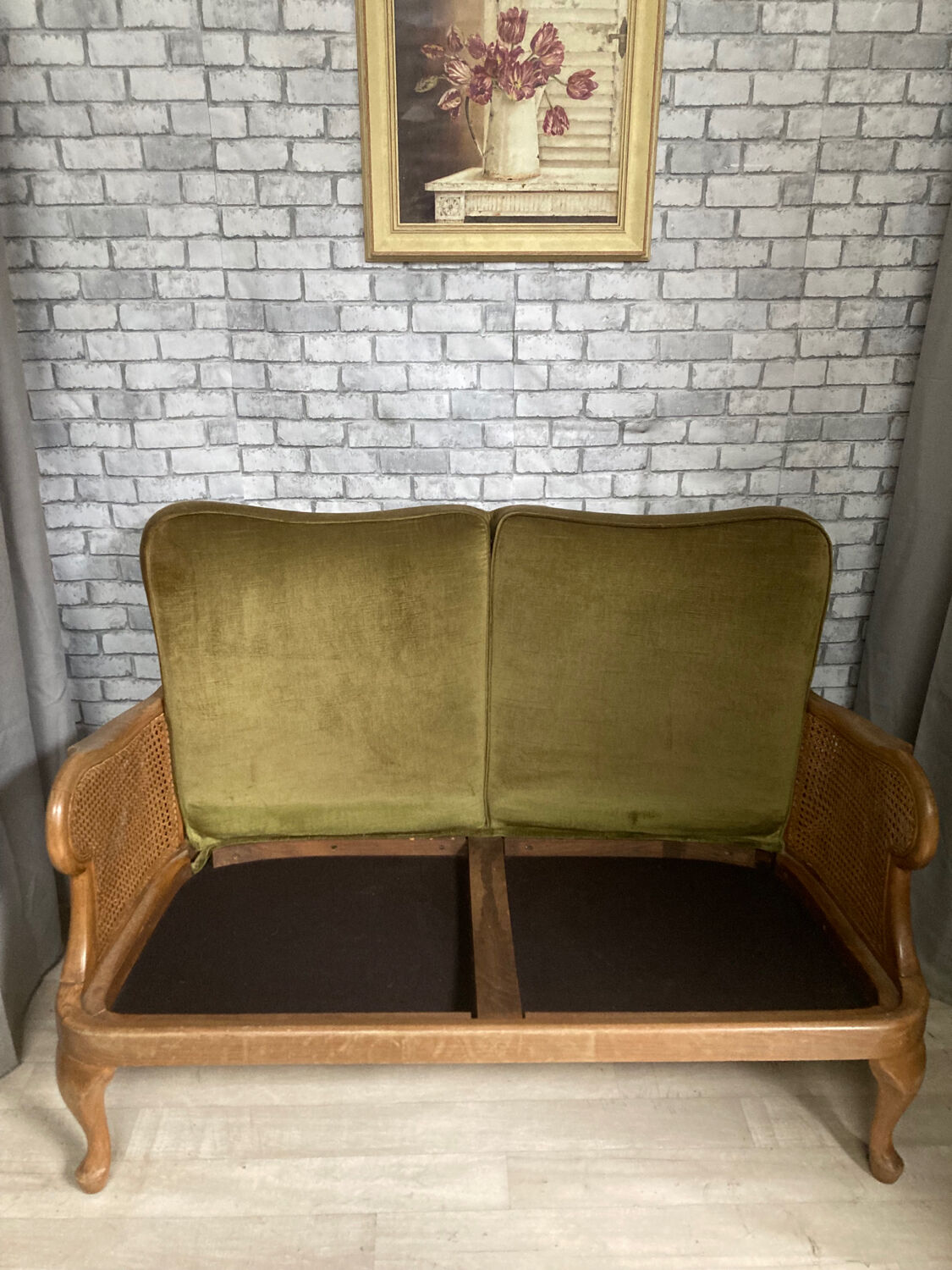 Cane and velvet fabric bench