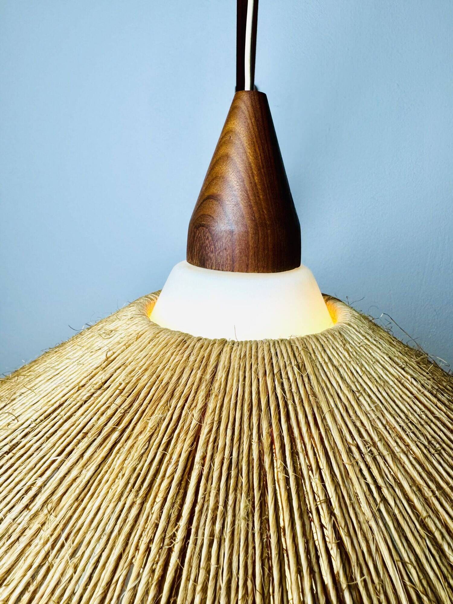 Wood And Sisal Wall Lamp By E.R. Nele For Temde Leuchten, Germany/Switzerland 1960S