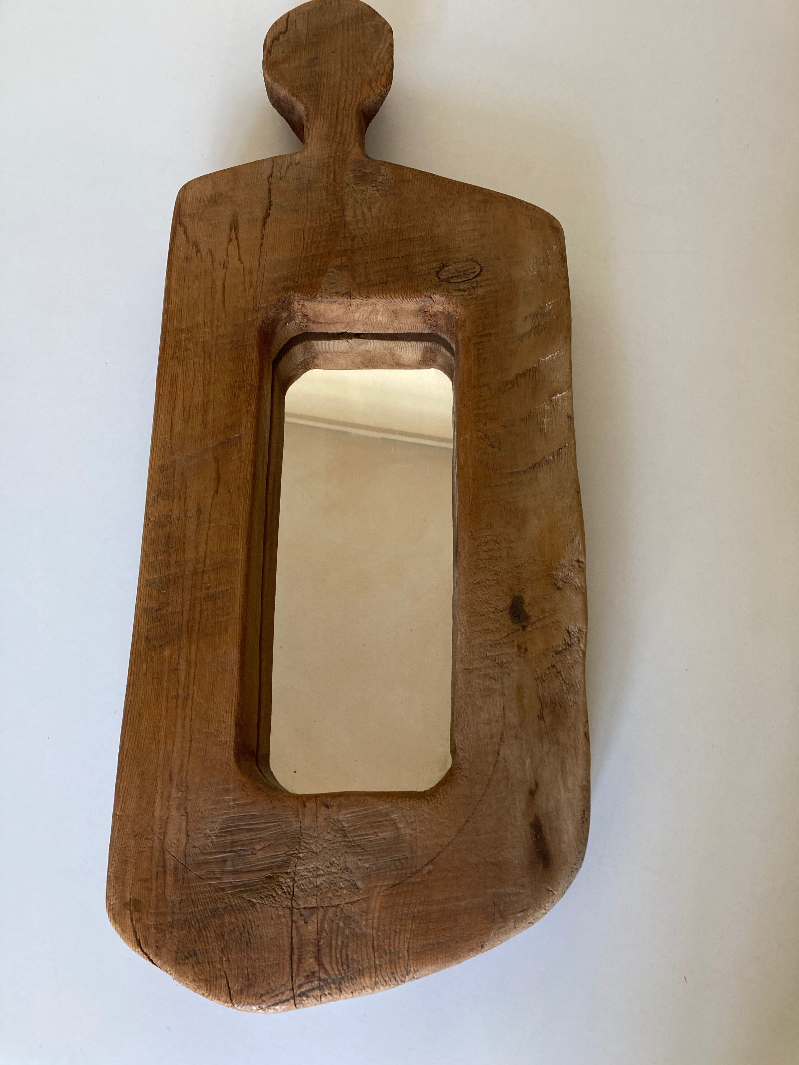 Mirror cubist shape in raw wood Formentera 1970