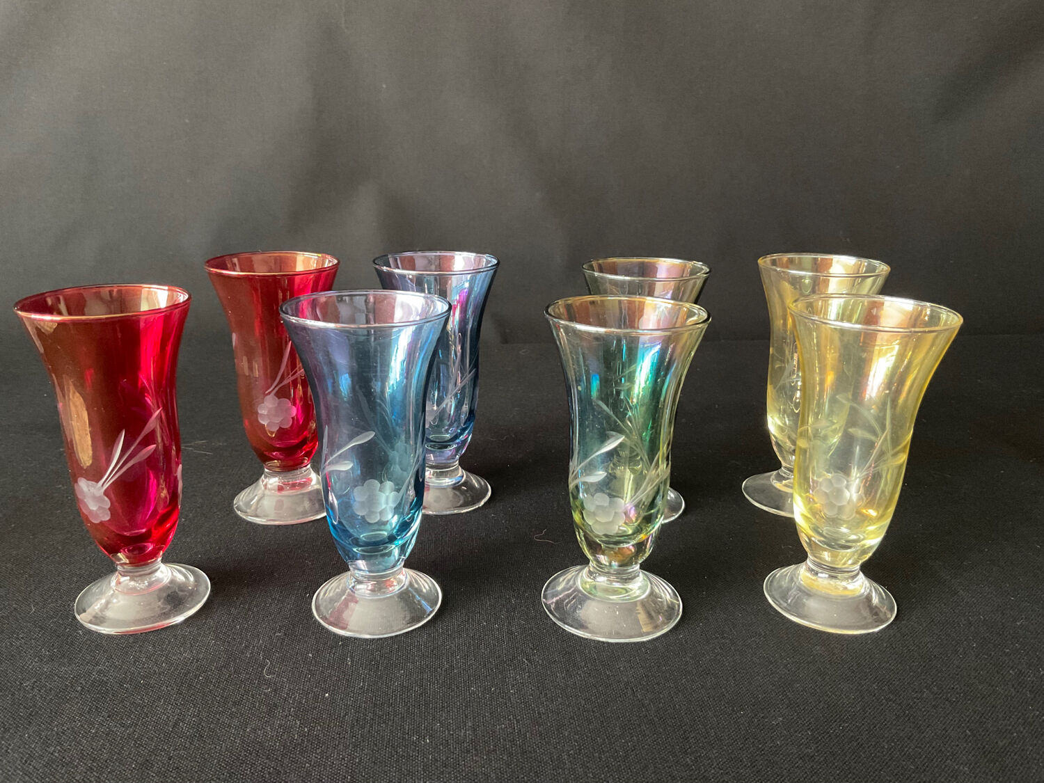 Antique coloured and engraved liquor glasses