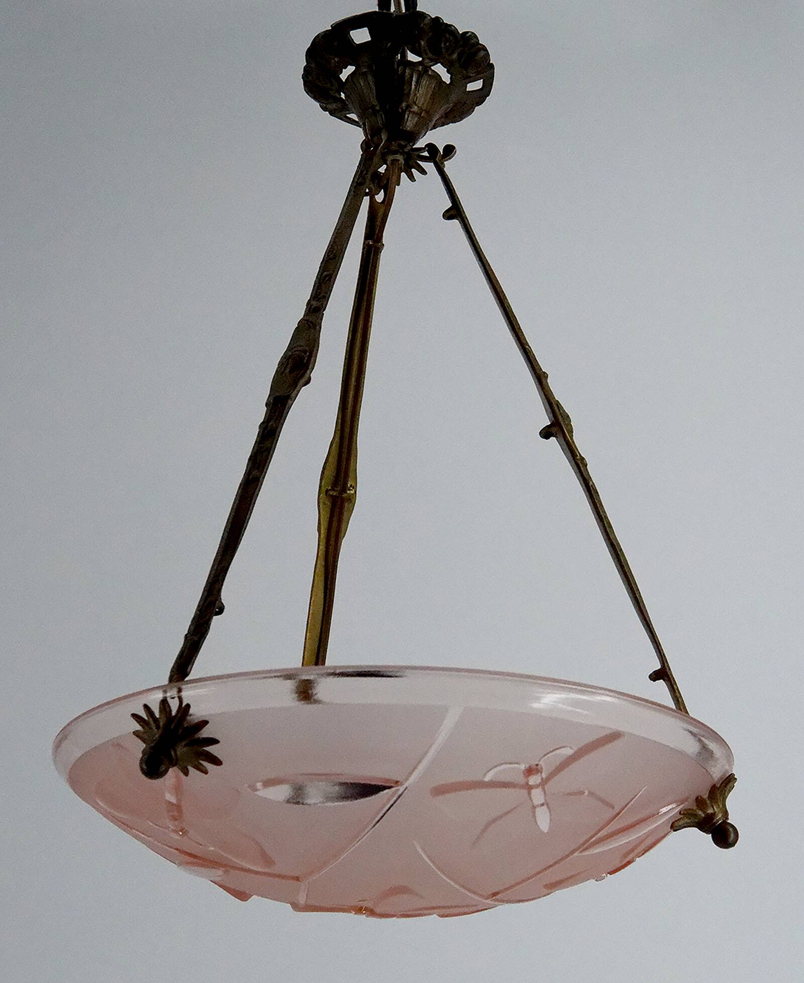 Bronze and glass pendant light with butterfly decoration, Degué, France, 1930