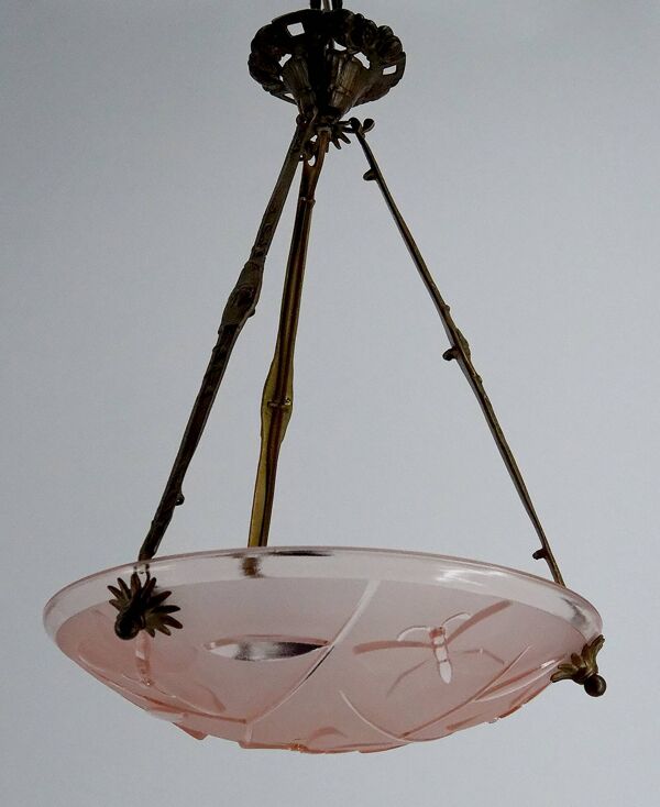 Suspension en bronze et verre à décor de Papillons, Degué, France,1930