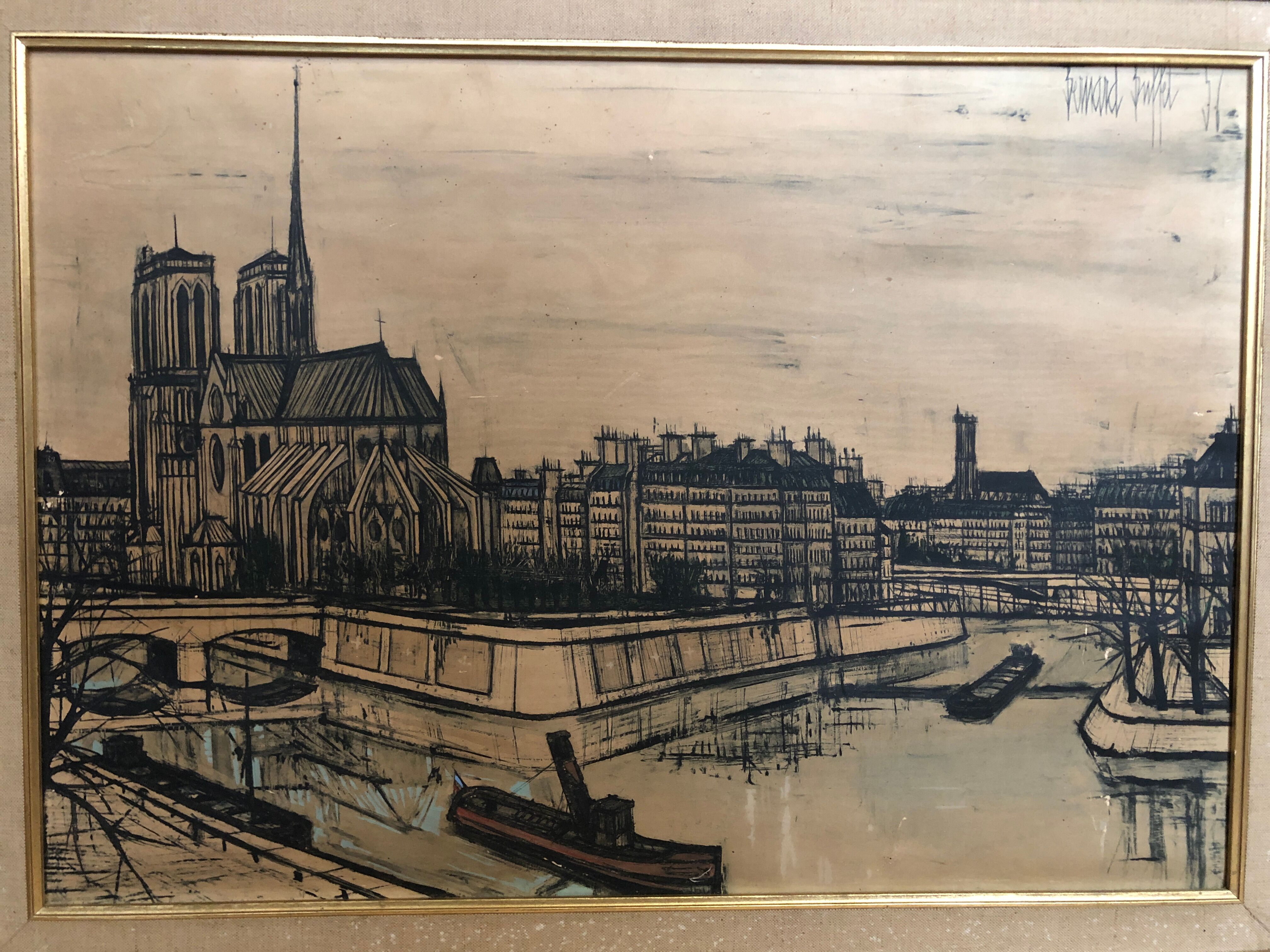 Old painting on canvas buffet 56 Notre Dame Paris + vintage wooden frame