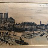 Ancien tableau tirage sur toile buffet 56 notre dame paris + cadre bois vintage