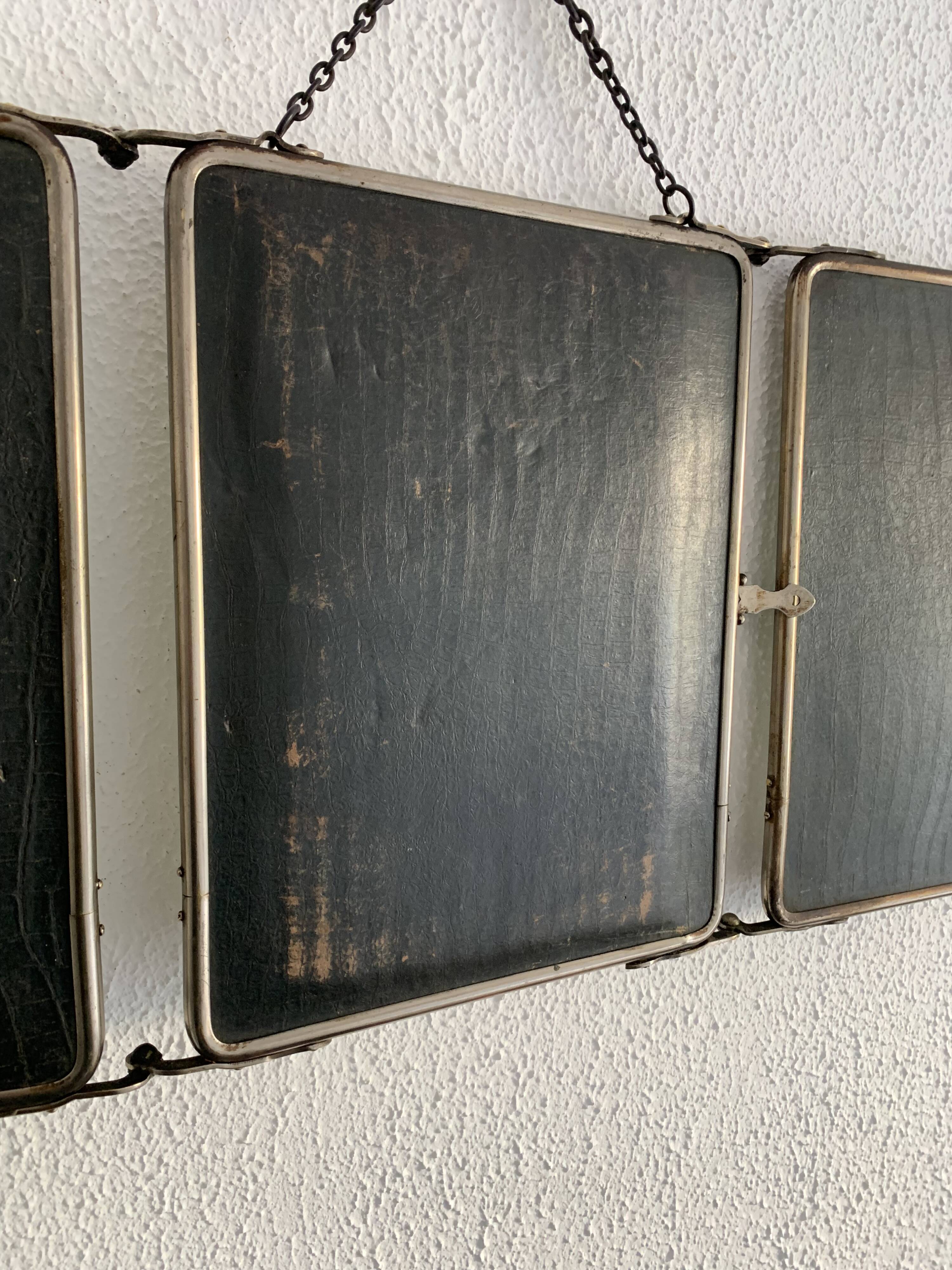 Vintage 1930s barber's triptych mirror, black beveled crystal - 28 x 70 cm