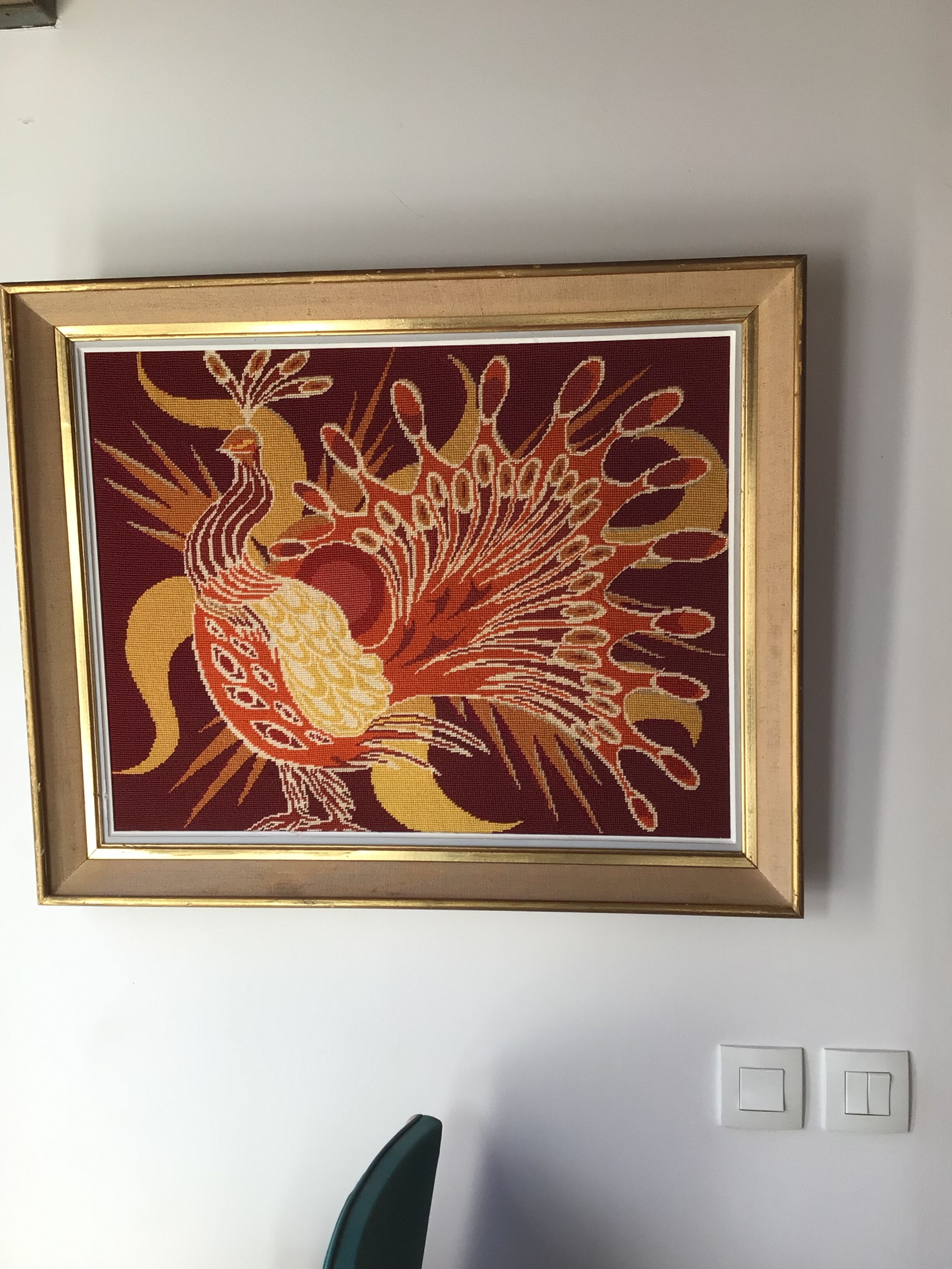 Framed peacock tapestry 75 x 61cm