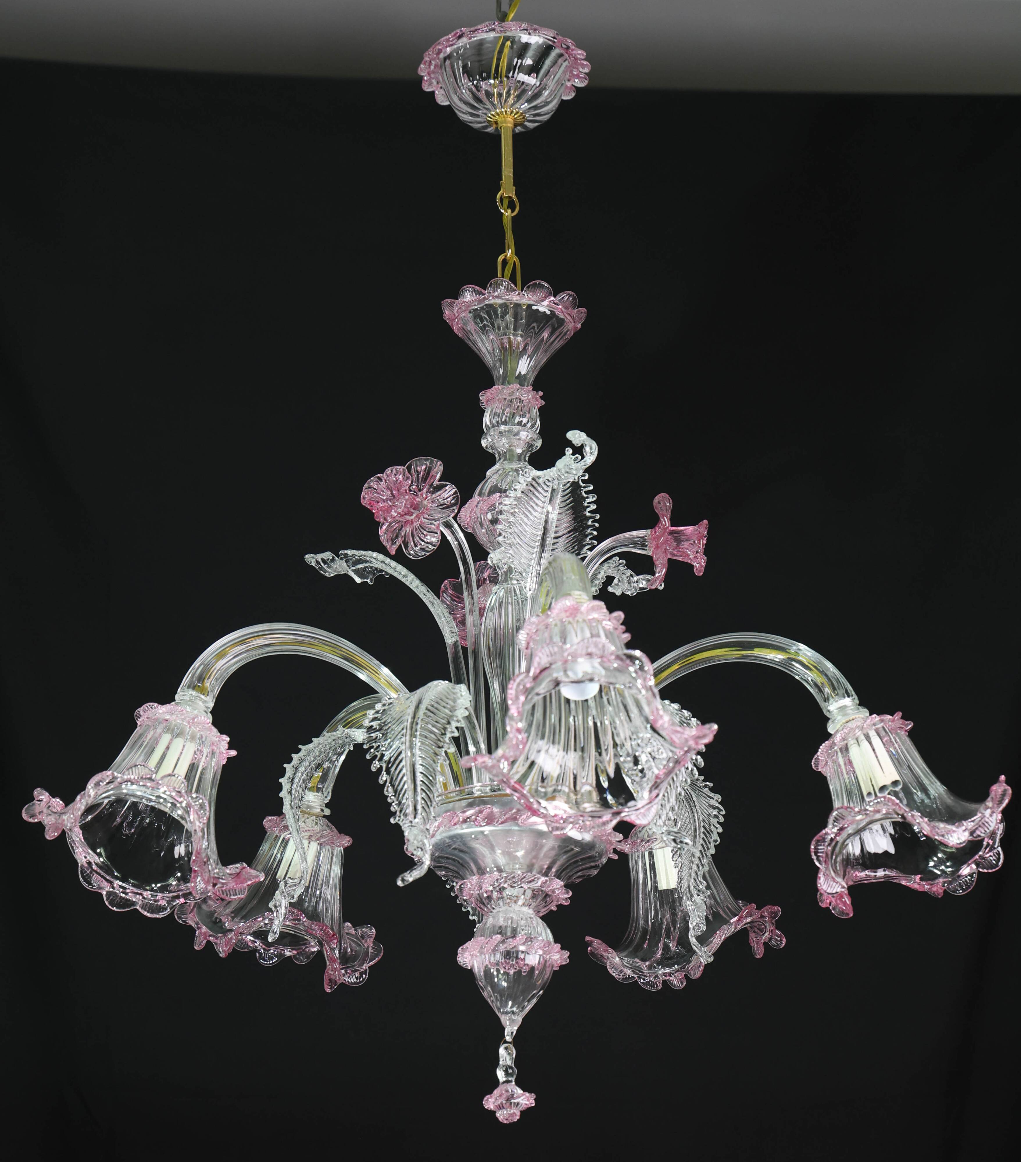 Charming Vintage Venetian Chandelier, Pink Murano Glass, 1950s