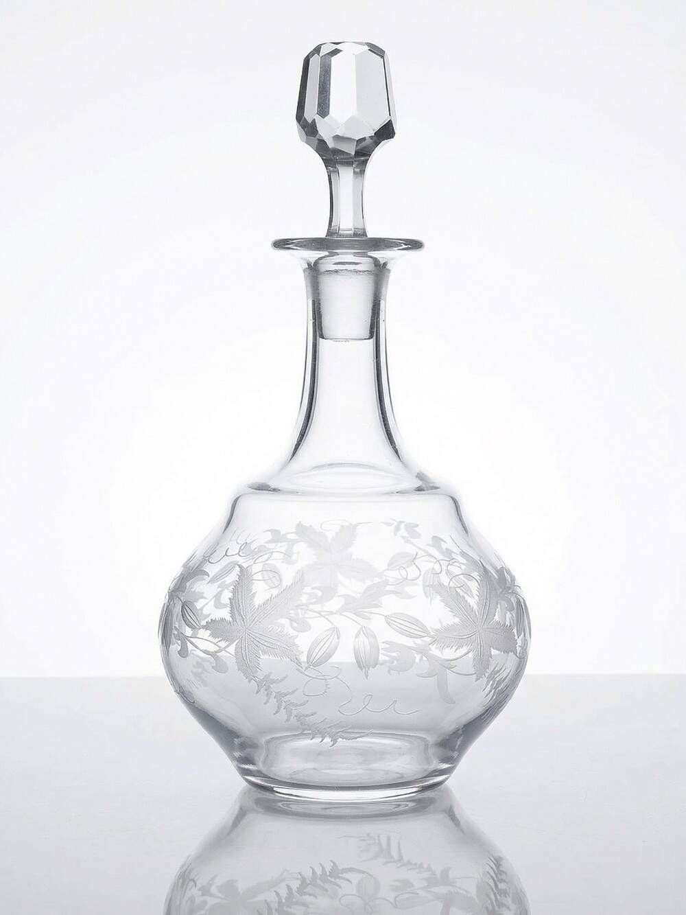 Antique engraved crystal carafe, floral decoration, Bohemia 19th-20th century.