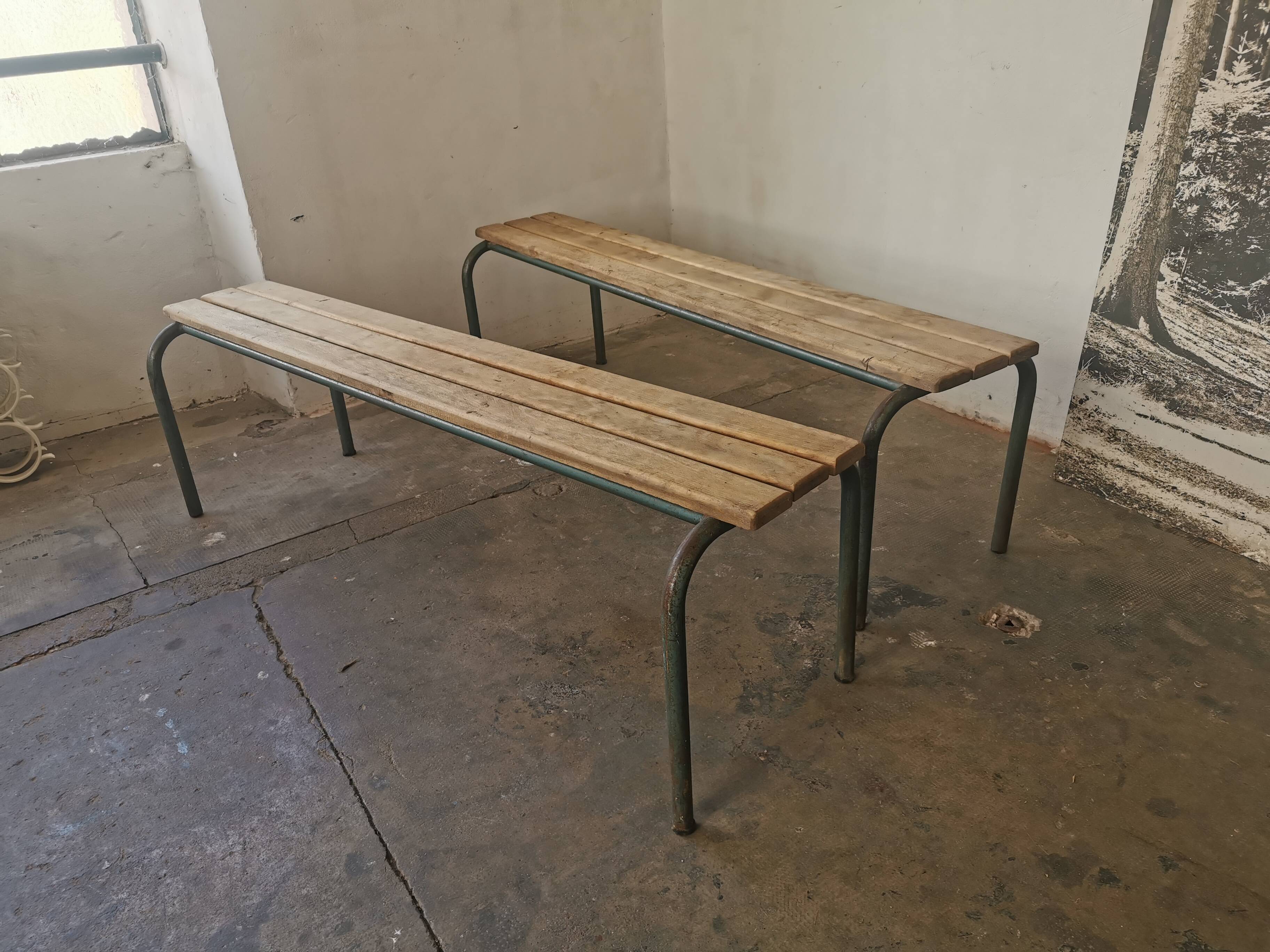 Pair of vintage metal and wood school benches
