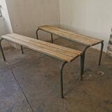 Pair of vintage metal and wood school benches