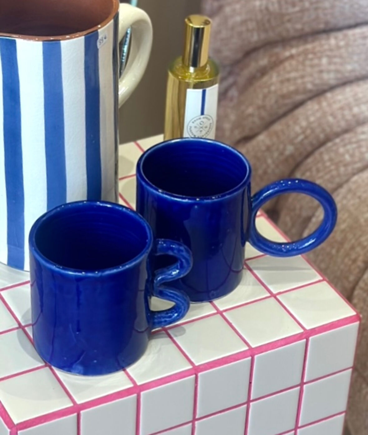 Majorelle blue ceramic mug, handmade, donut handle design.
