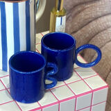 Majorelle blue ceramic mug, handmade, donut handle design.