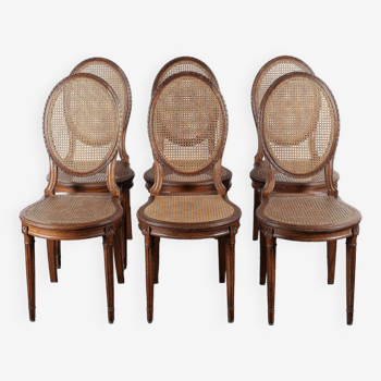 Medallion chairs in canework, carved wood, set of 6