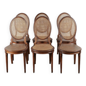 Chaises médaillon en cannage, bois sculpté, lot de 6