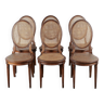 Chaises médaillon en cannage, bois sculpté, lot de 6