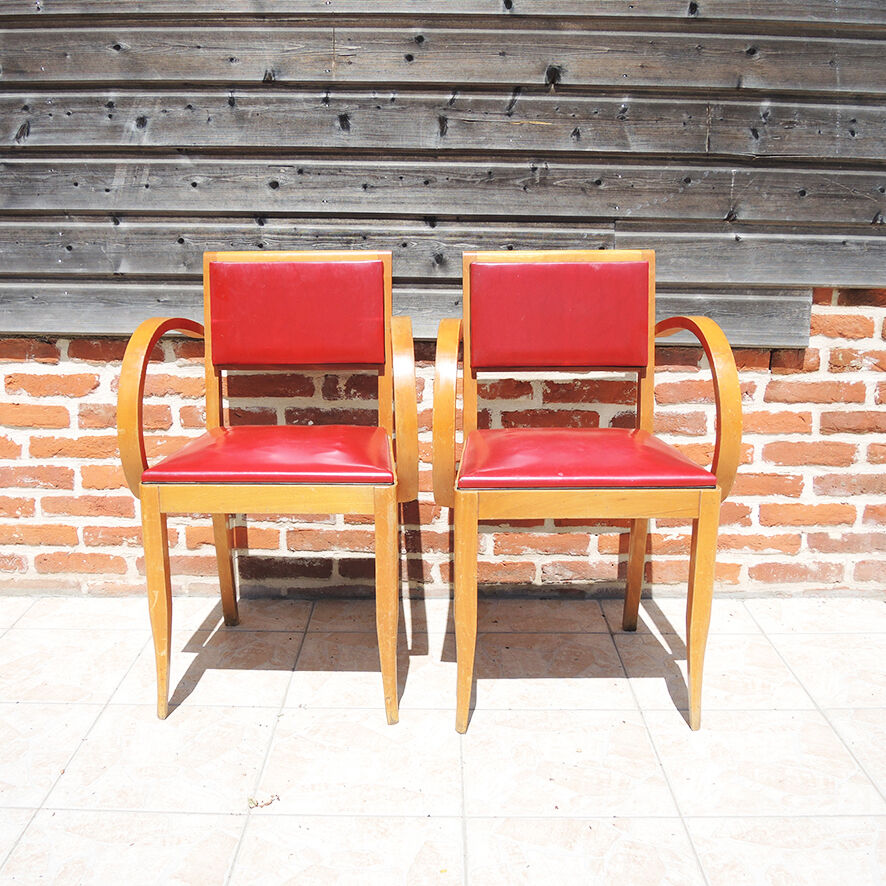 2 anciens fauteuils bridge bois & skai rouge