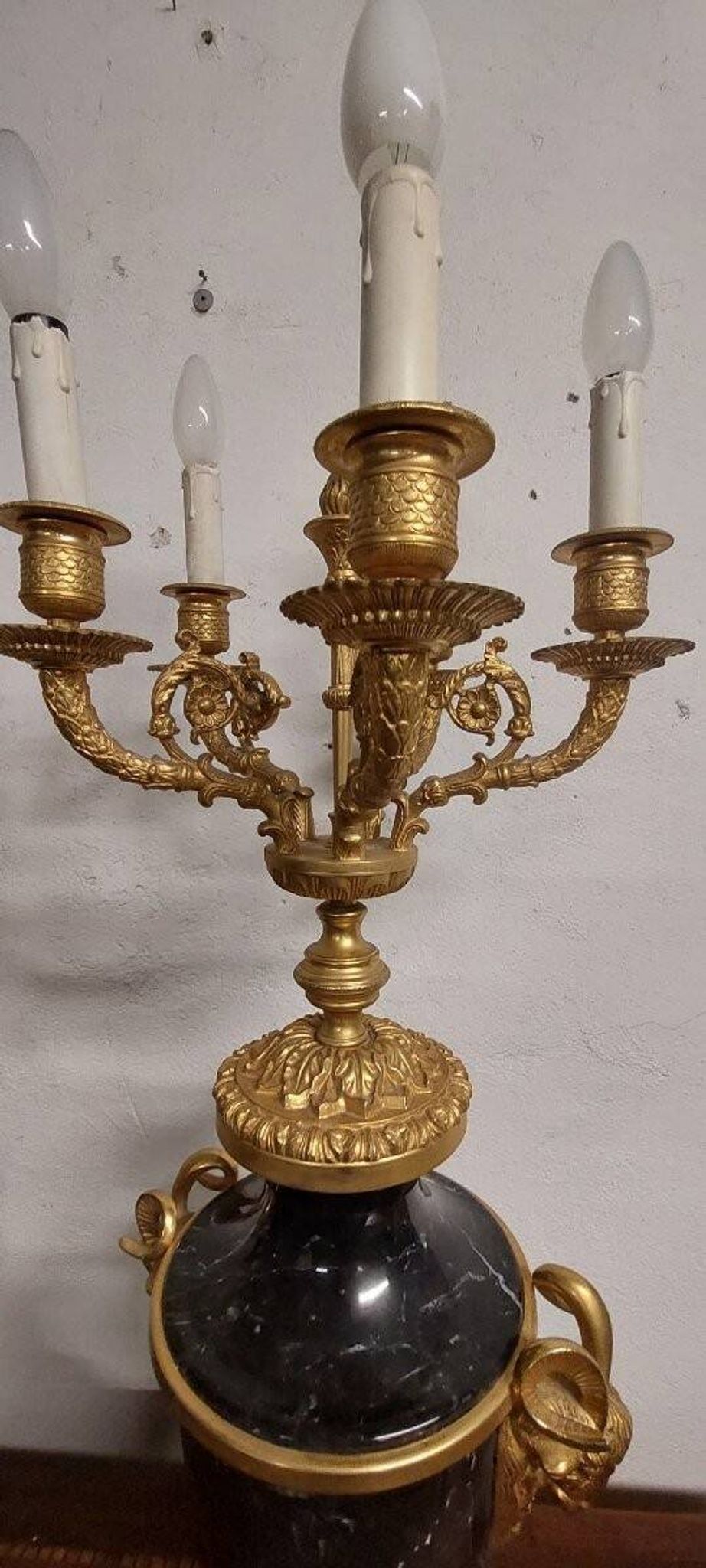 Antique Lumi pair of large marble and mercury-gilt bronze candelabras