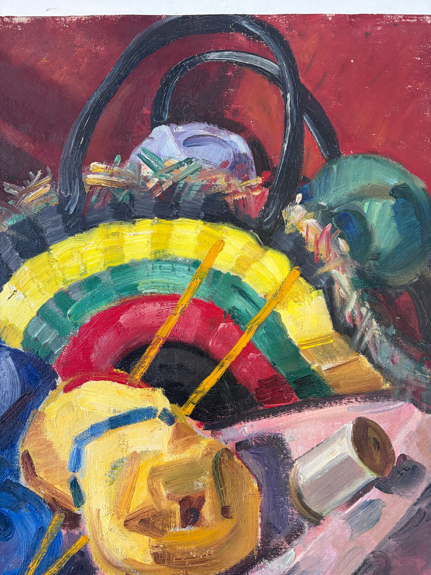 The wool basket, still life signed by Camille Mouret.