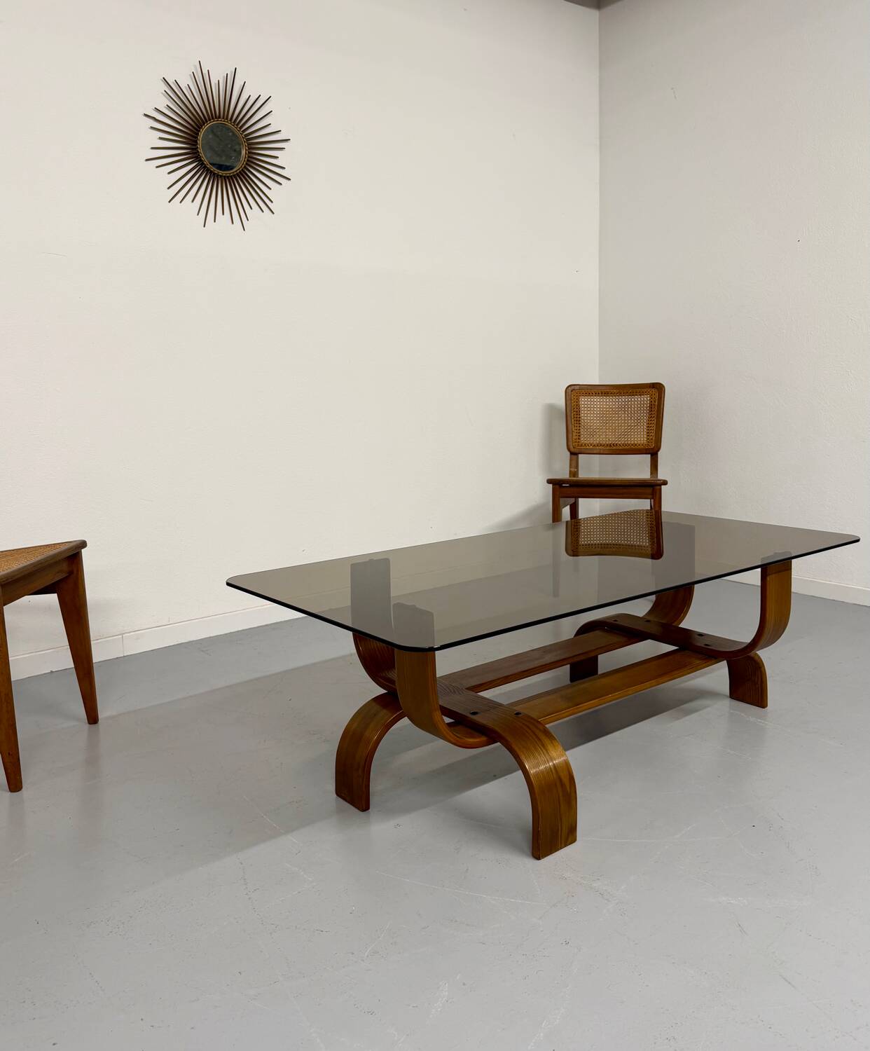 Vintage Fubo coffee table, 1970s design, made of bent wood and smoked glass