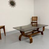 Vintage Fubo coffee table, 1970s design, made of bent wood and smoked glass