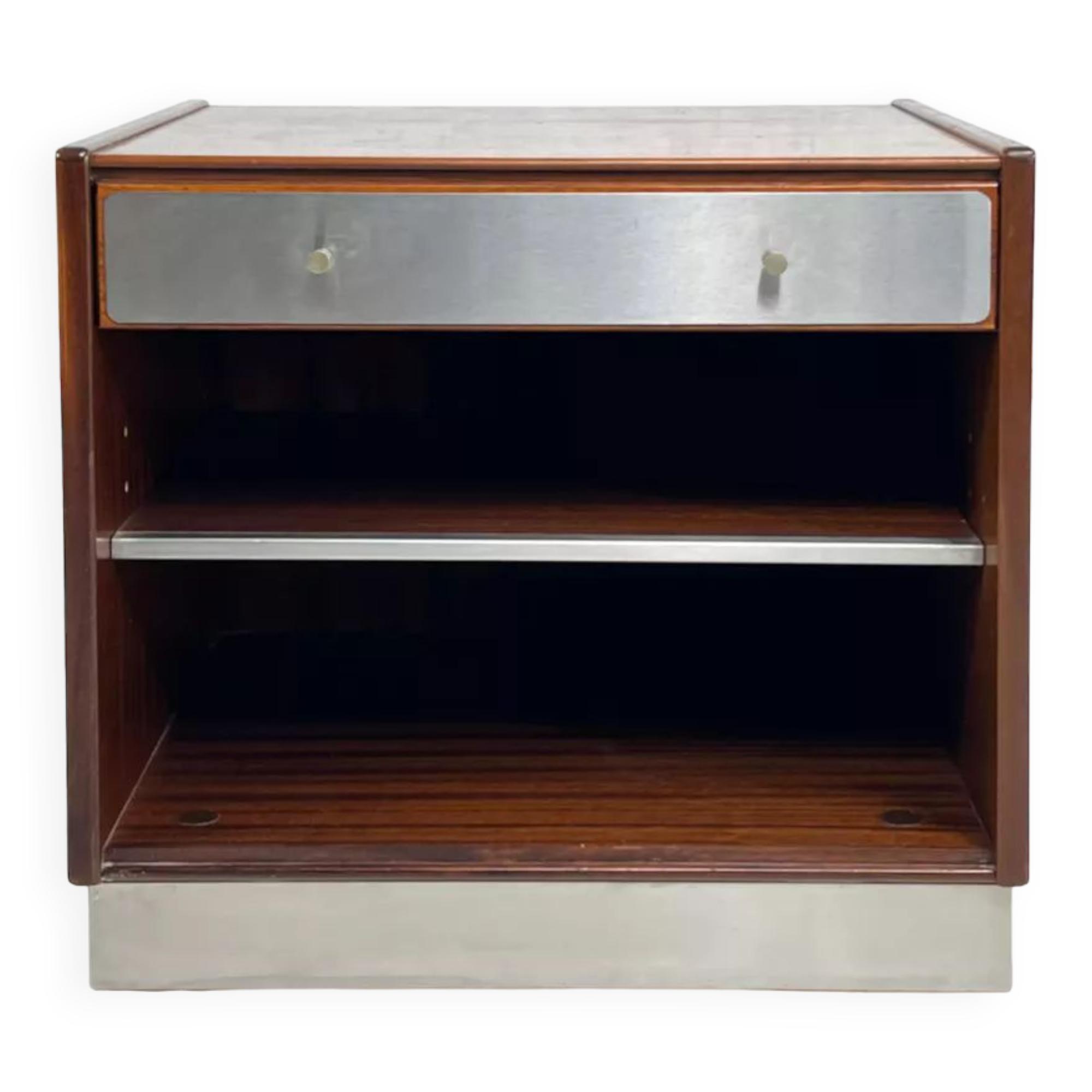 Vintage bedside table in rosewood and brushed aluminum
