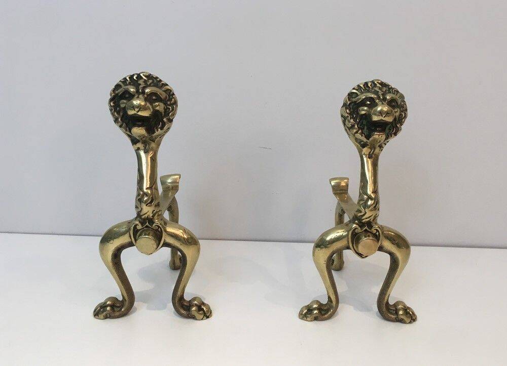 Pair of bronze andirons with lions