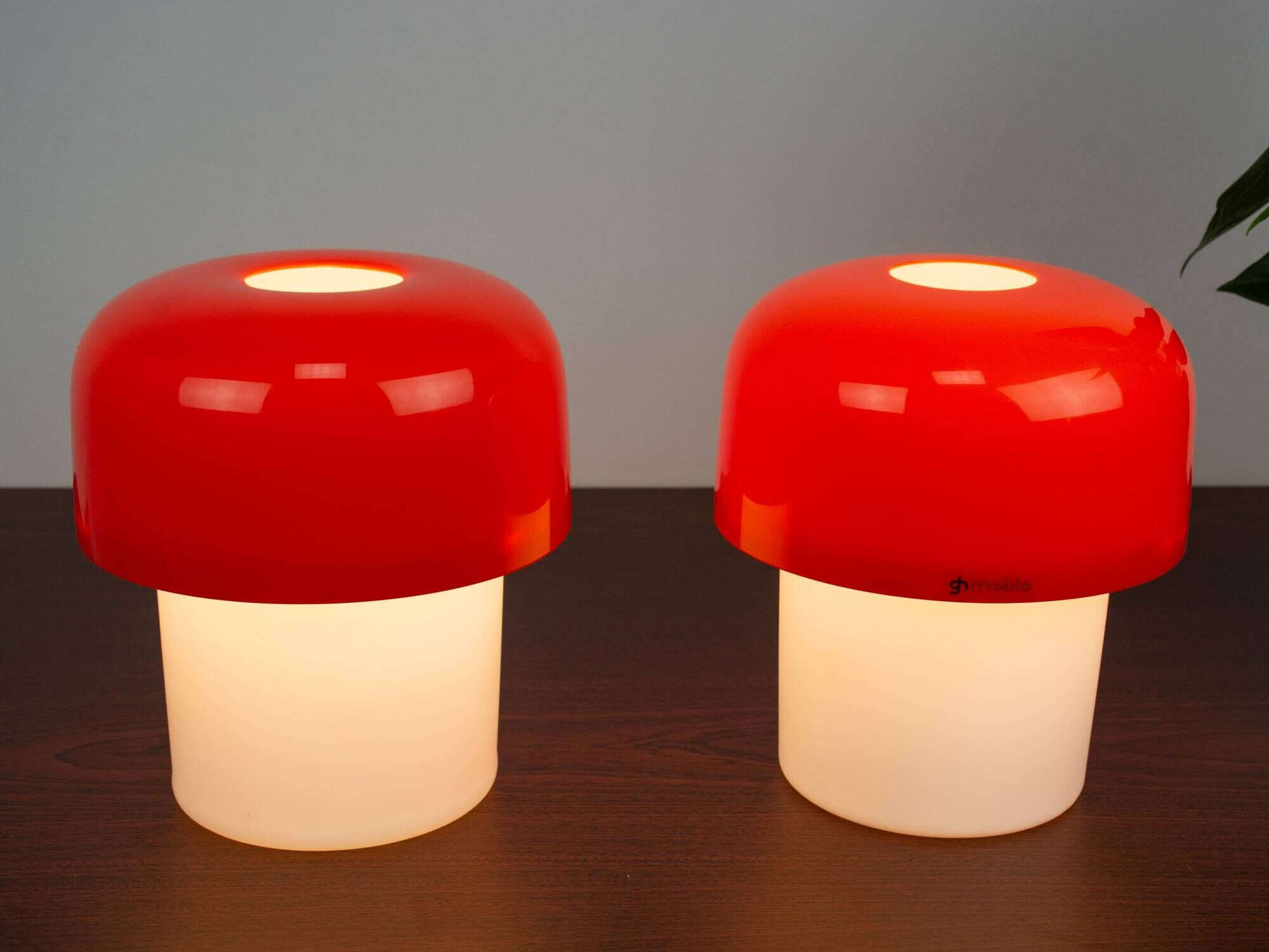 Set of 2 Space Age Orange Meblo Mushroom Table Lamps, Guzzini, 1970s