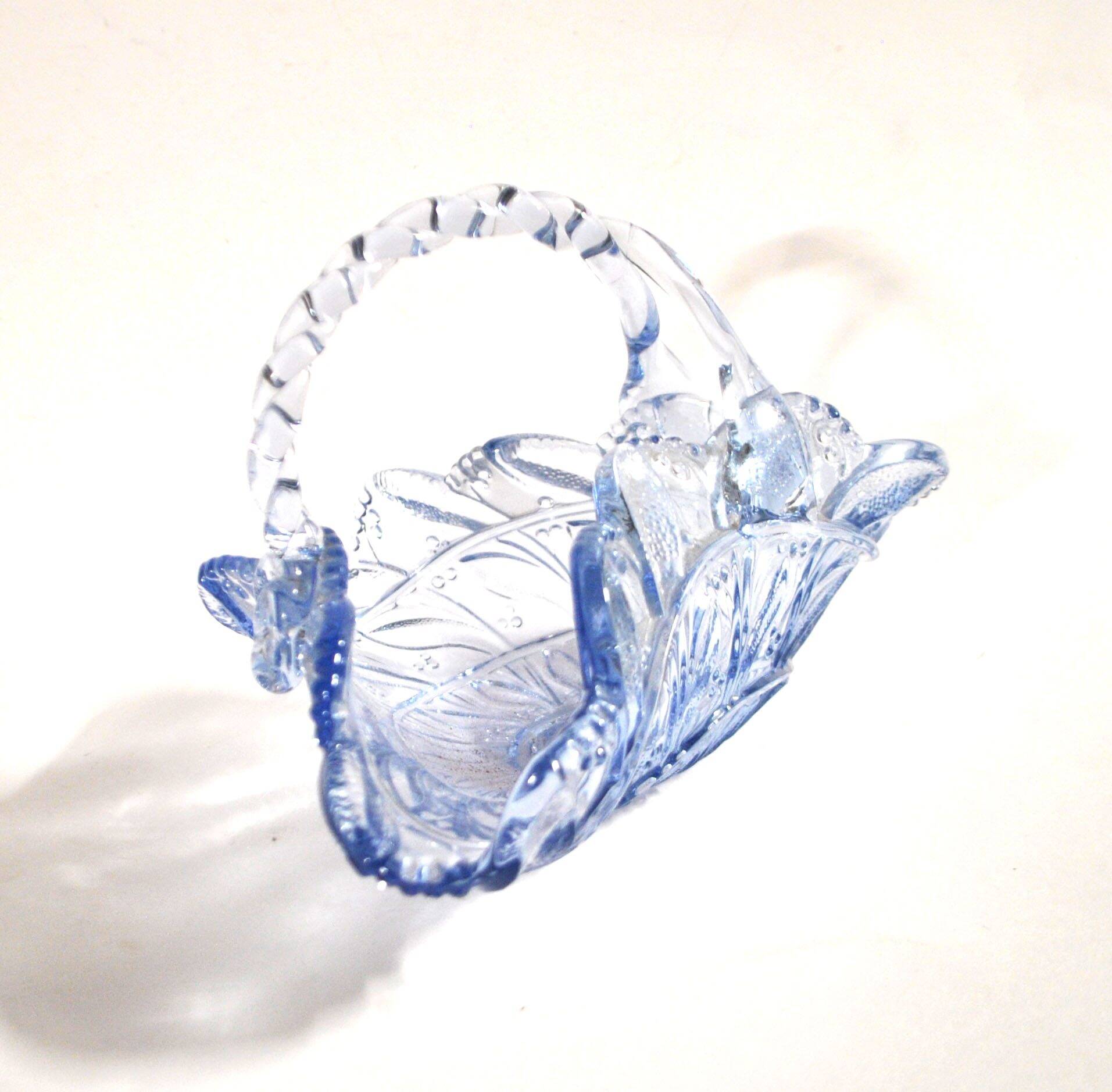 Vintage 1920s blue pressed-moulded glass bowl dish defect