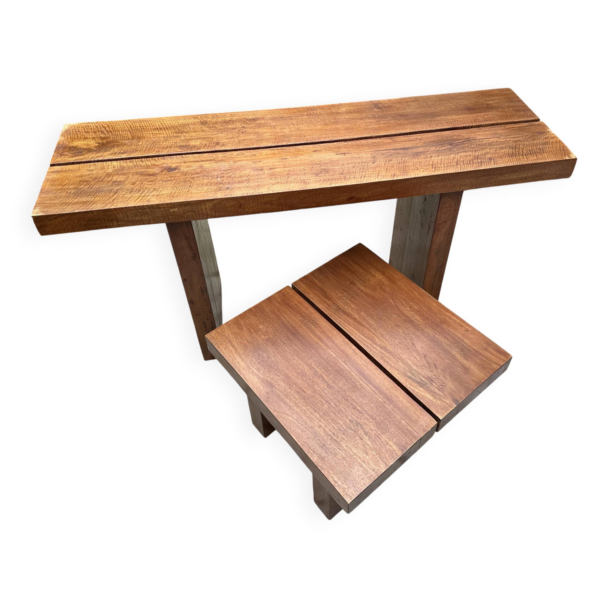 Console et table basse brutalistes en bois brut