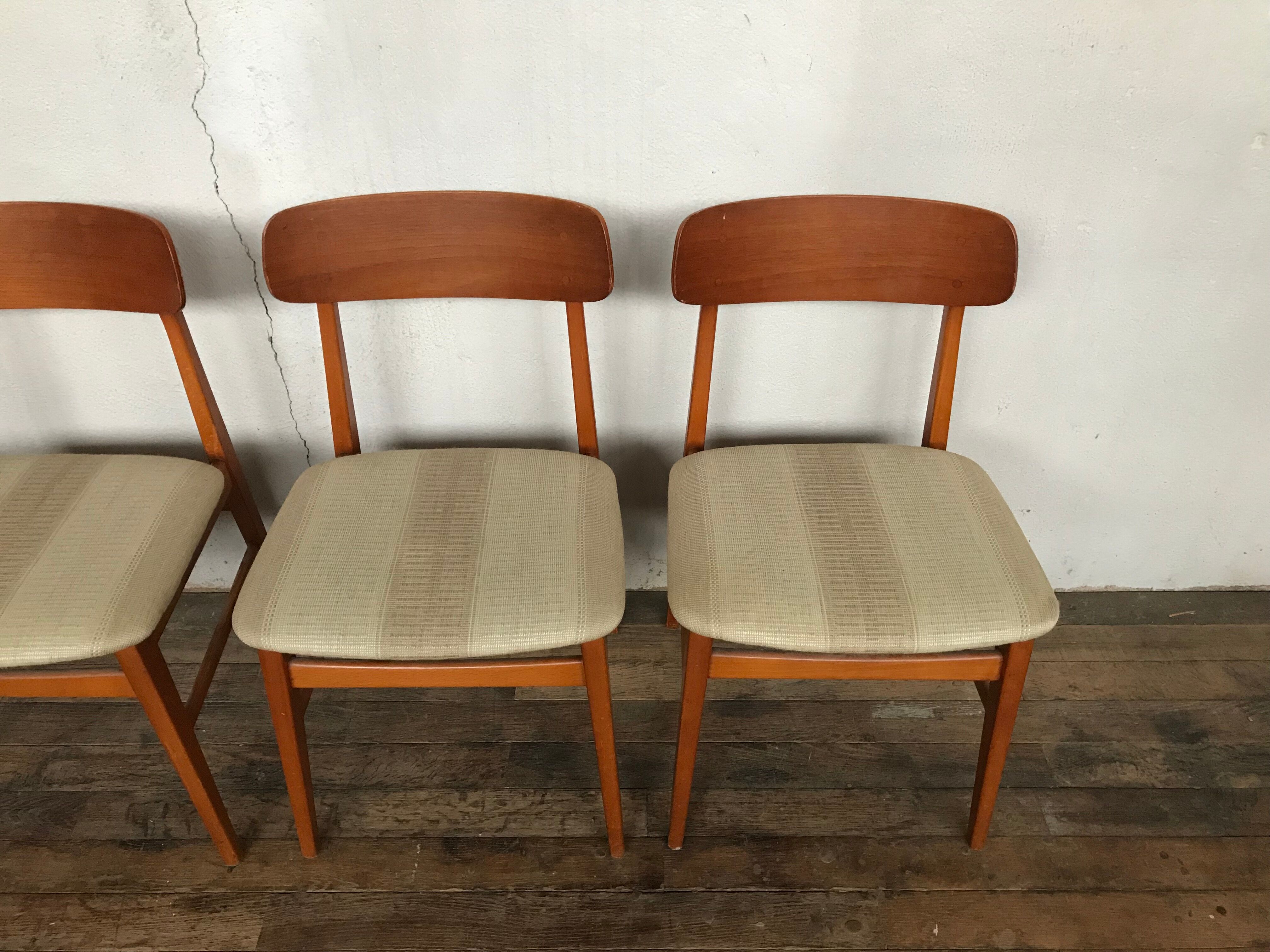 Lot de 4 chaises scandinave teck & tissus beige 1950 1960 vintage design