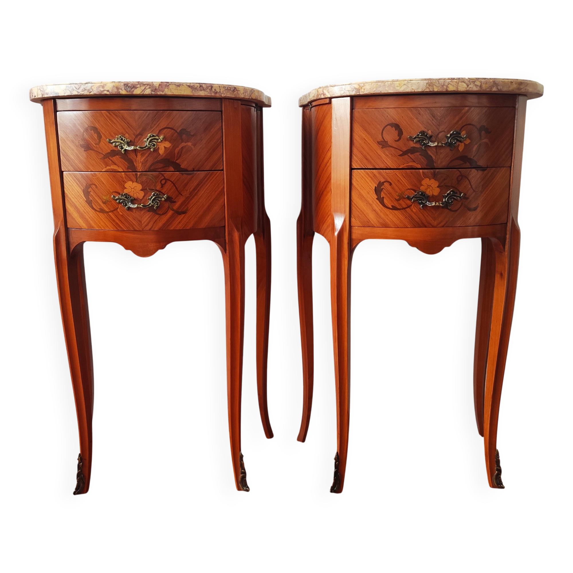 Pair of Louis XV style bedside tables in wood and marble