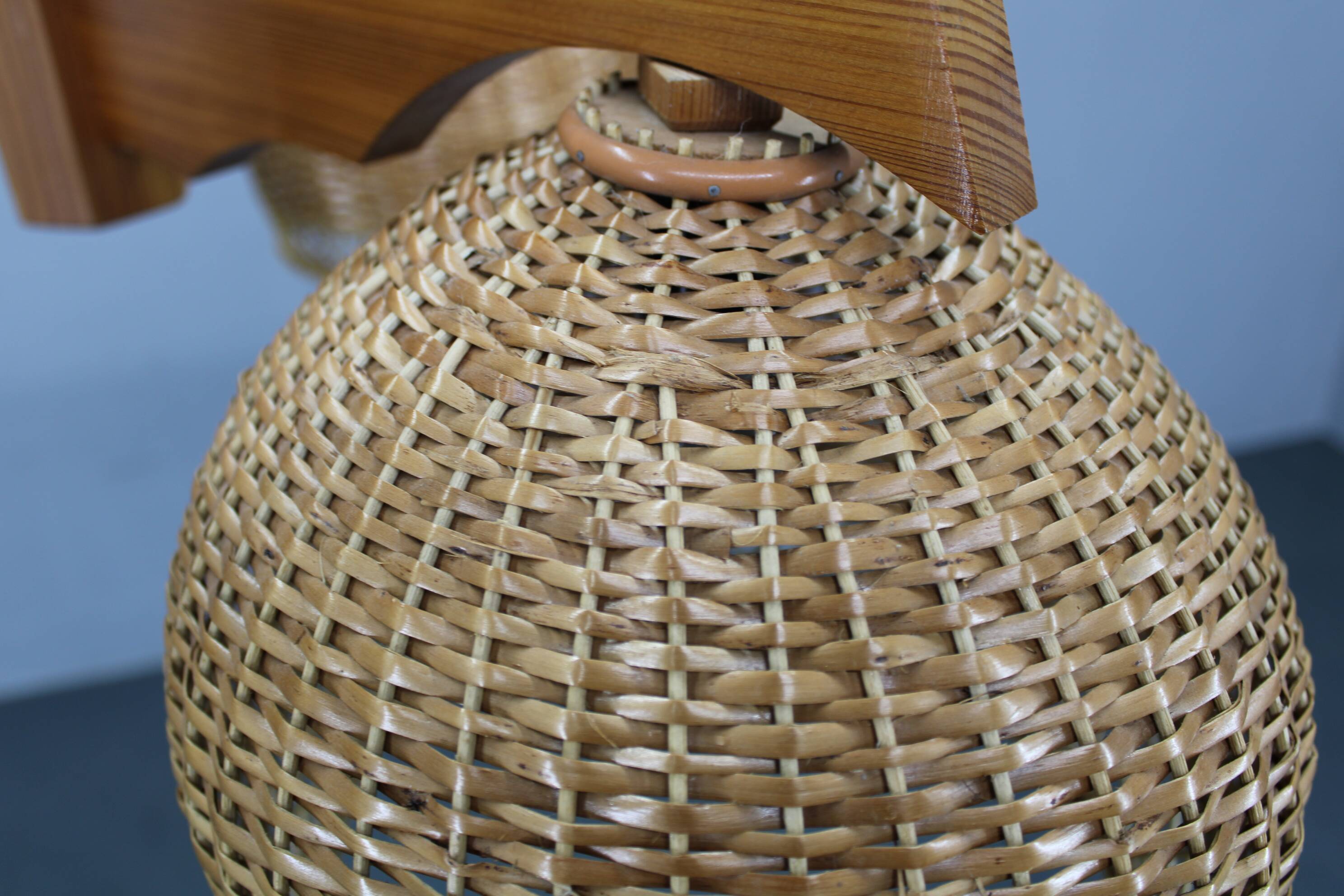 1970s Czechoslovakian rattan & pine pendant light, three-shade chandelier