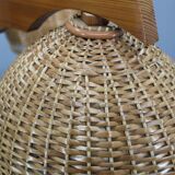 1970s Czechoslovakian rattan & pine pendant light, three-shade chandelier