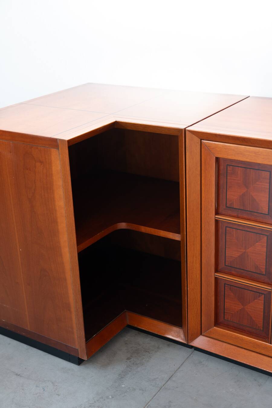 1970s Modular Corner Cabinet in Cherrywood with Glass and Carved Doors – “Fox Hunt” Design