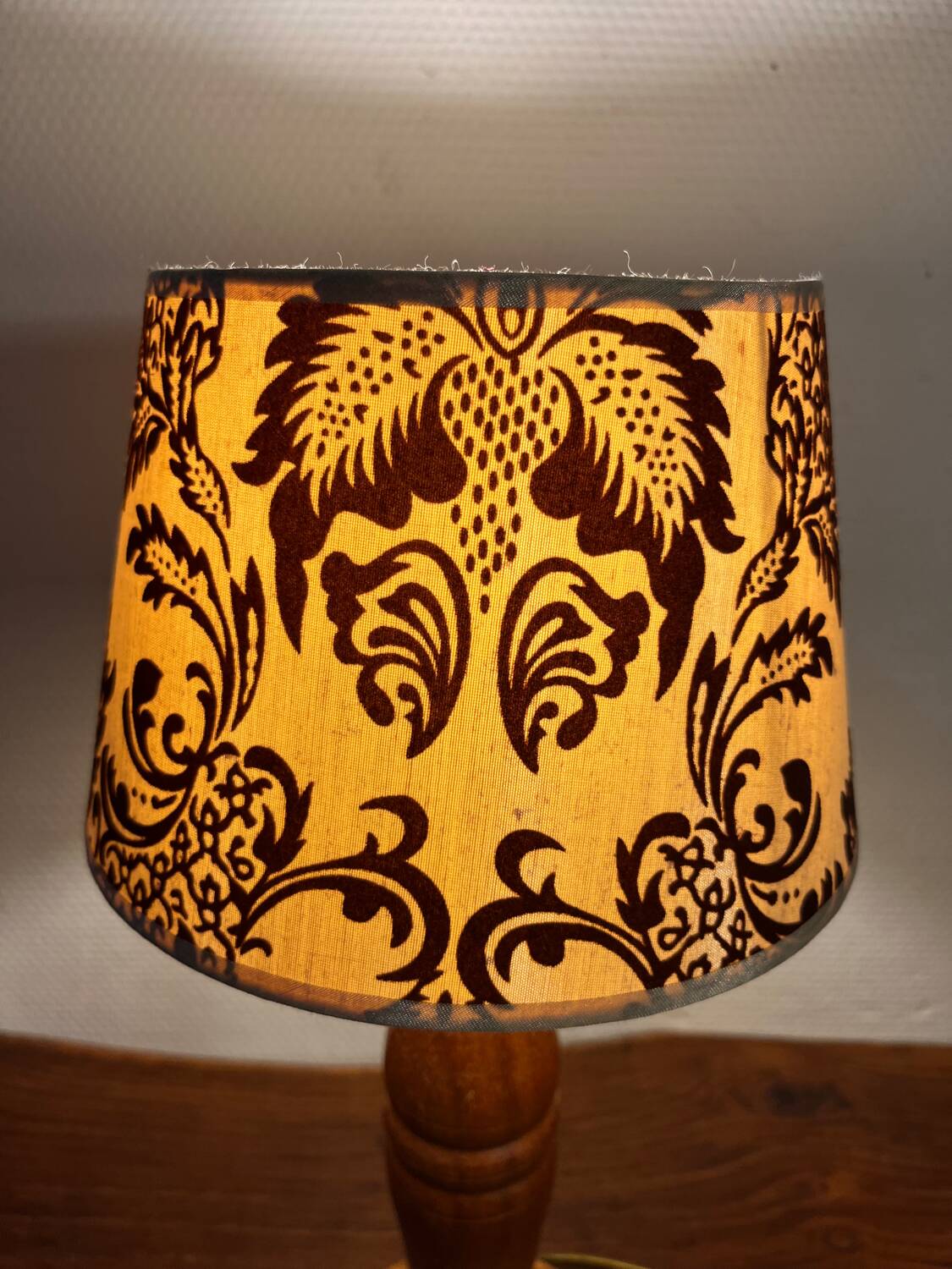 Solid wood table lamp with baroque shade from the 70s